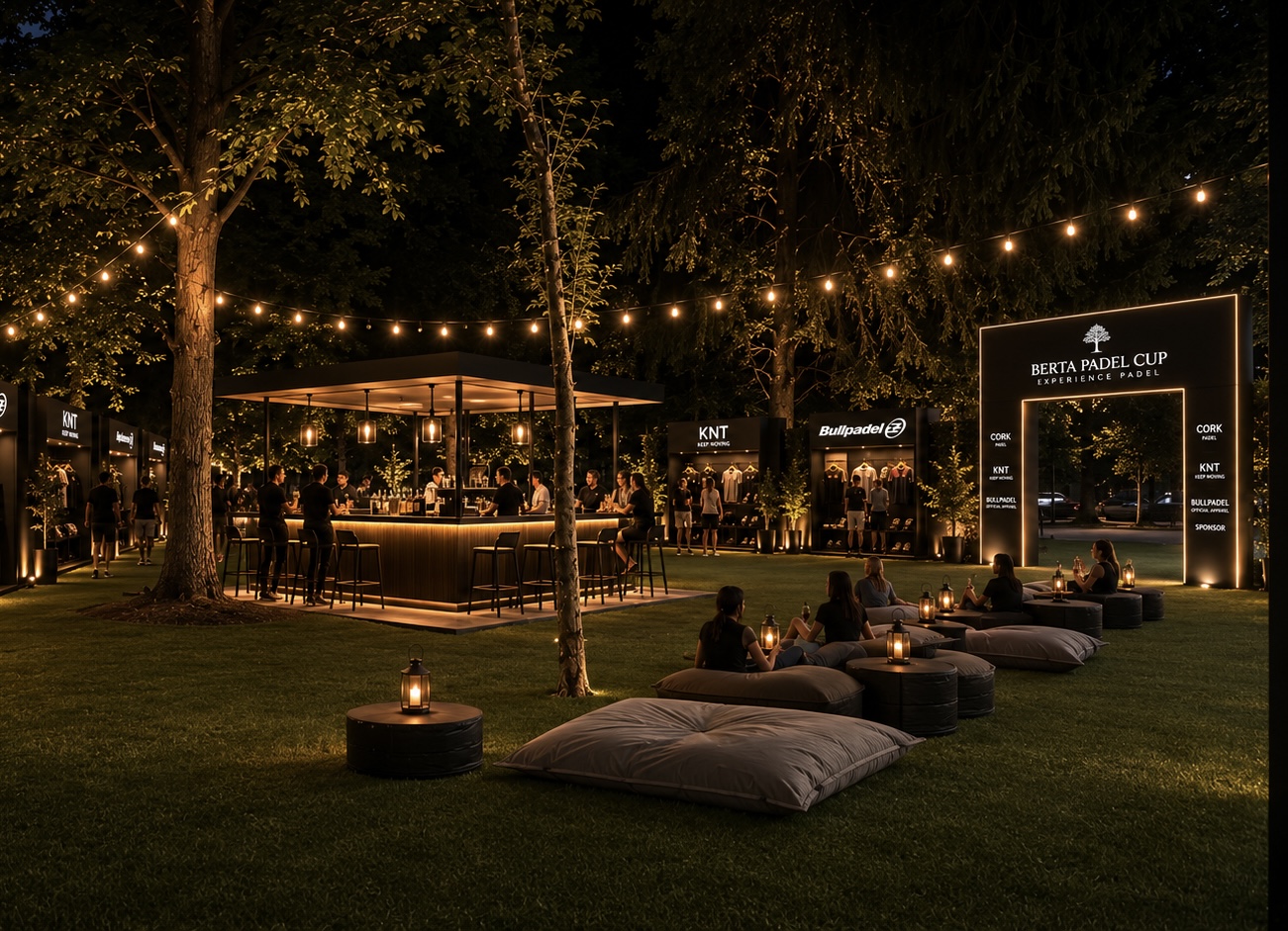 Concept render of the sponsor village and central bar at night