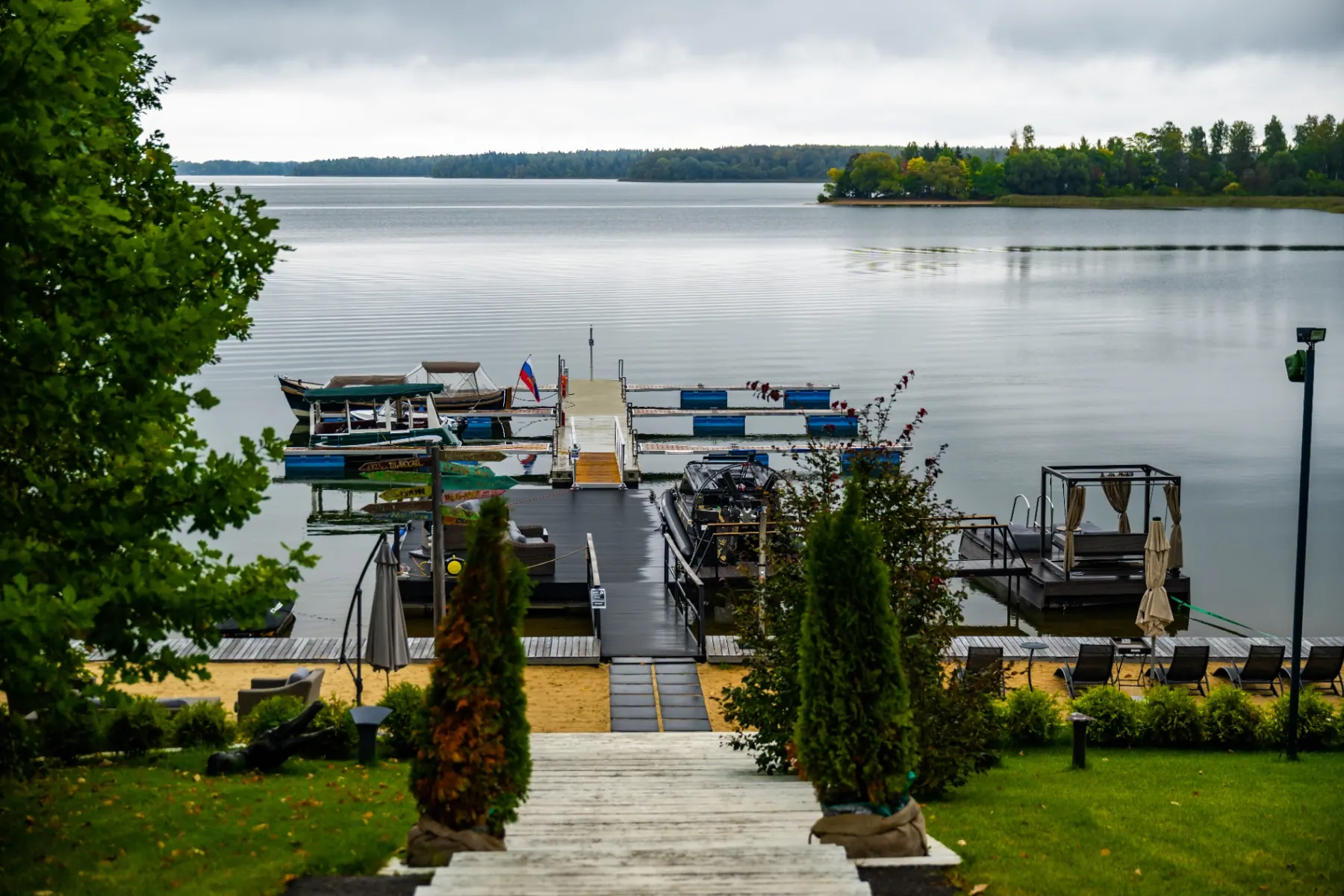 View down to the pier and lake at Berta Village