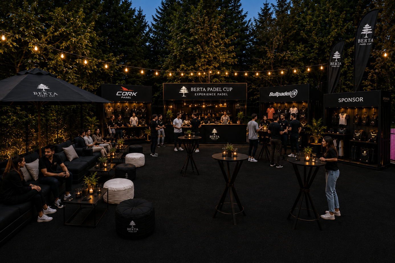 Concept render of the partner activation area and central bar at blue hour