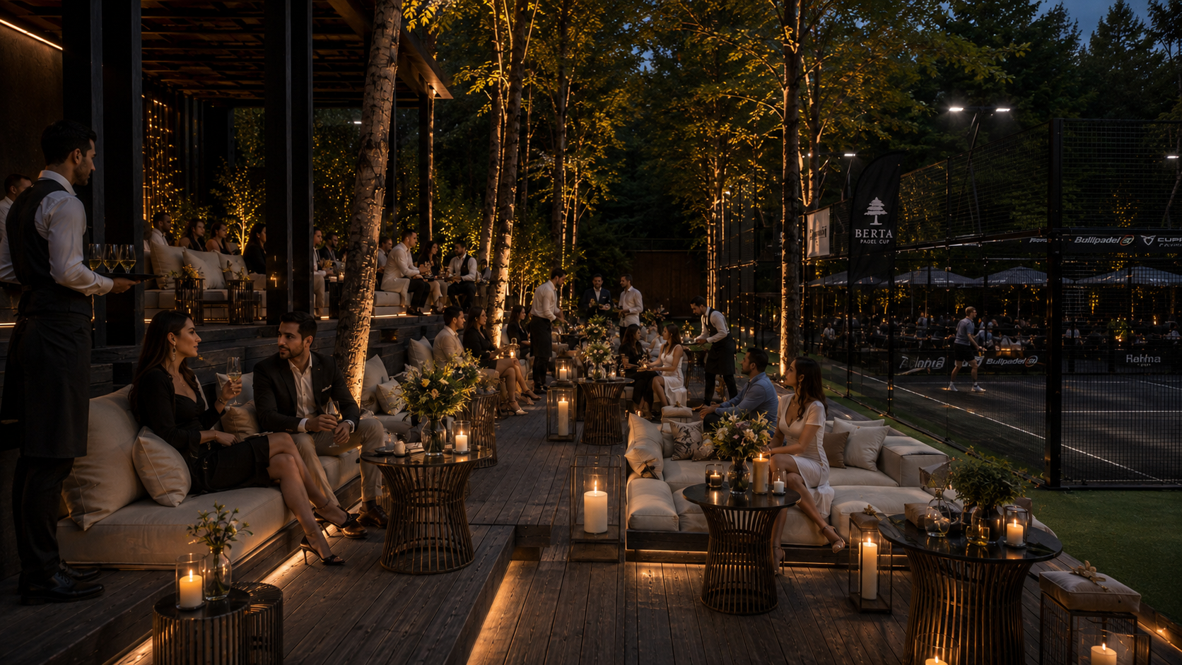 Concept render of courtside hospitality seating in the evening